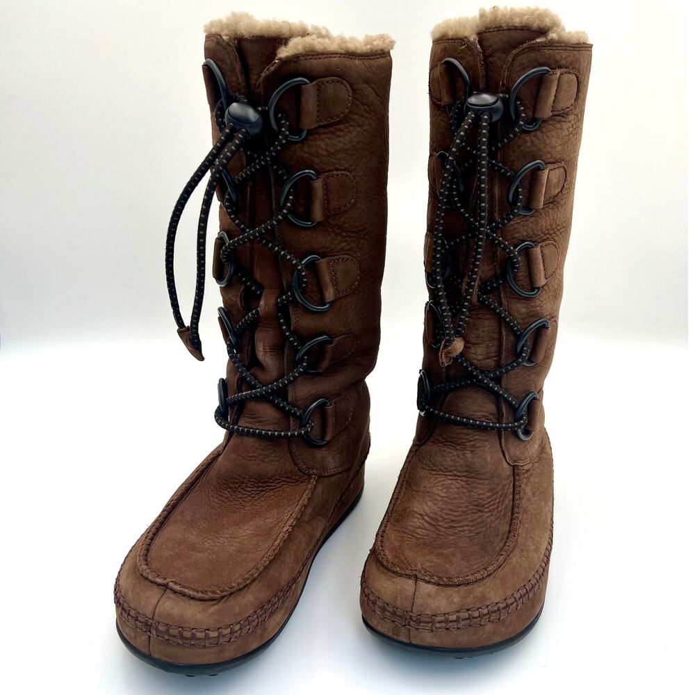 FitFlop Mukluk Moc 2 Boots Womens 8 Brown Leather Shearling Lined Tall Winter